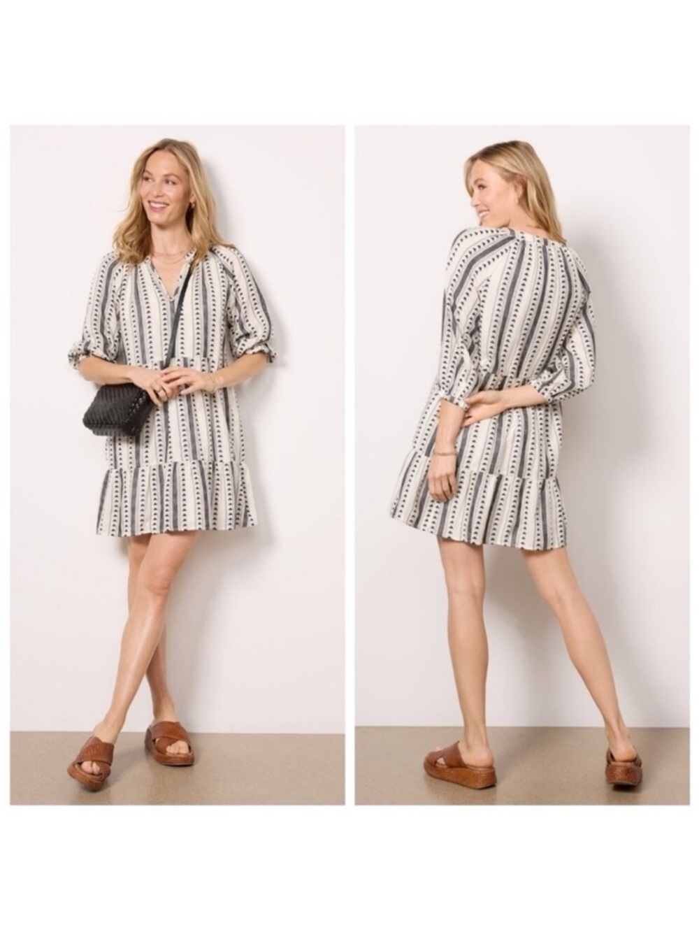 Evereve Carolina Cotton
Woven Geometric Tiered Mini
Black White Dress Large
